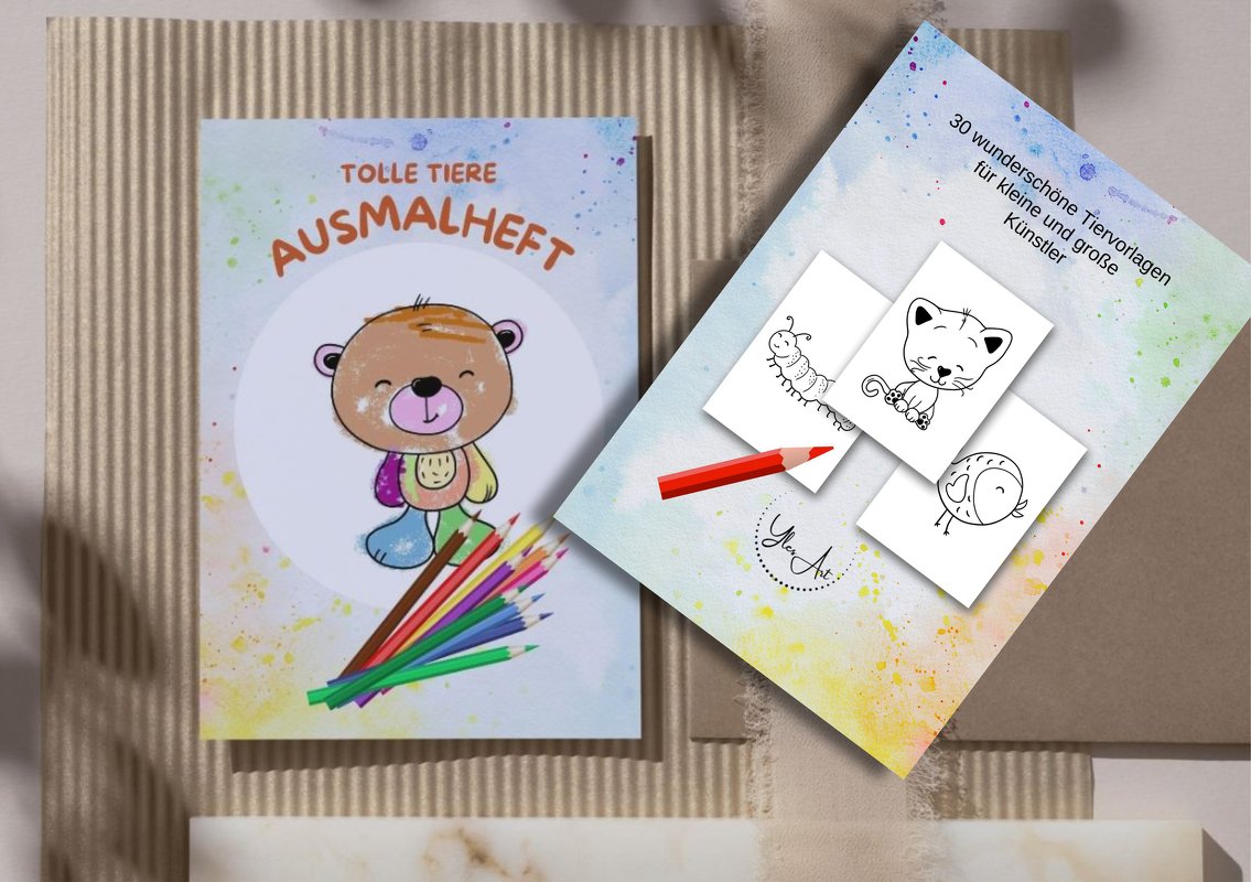 Ausmalheft 'Tolle Tiere' mit Bärenmotiv, Buntstifte und eine Seite mit drei Tiervorlagen (Katze, Raupe, Vogel) sowie ein roter Farbstift.