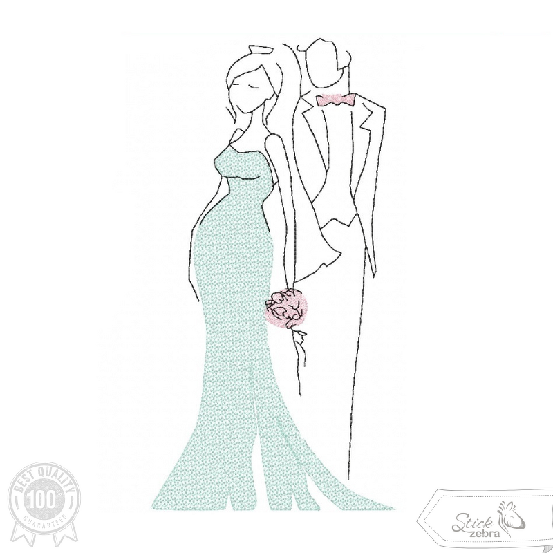 Brautpaar Stickdatei – Schwangere Braut im Hochzeitskleid