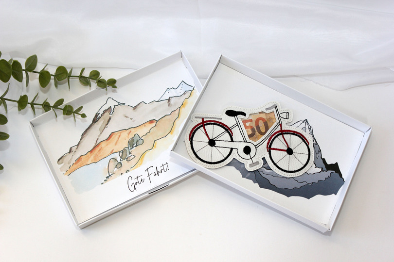 Stickdatei ITH Fahrrad Geldgeschenk Füllobjekt Wunscherfüller