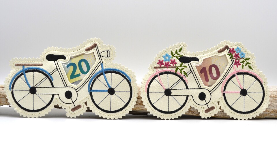 Stickdatei ITH Fahrrad Geldgeschenk Füllobjekt Wunscherfüller