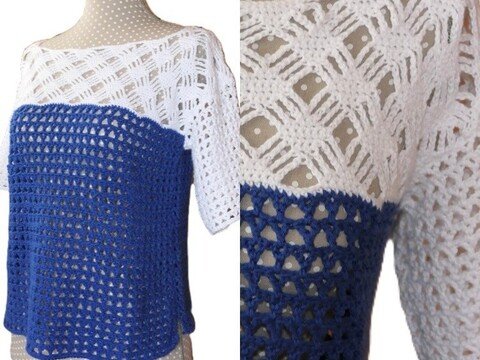 Häkelanleitung für das luftige Shirt Carol in tiefem Blau mit weißem Akzent