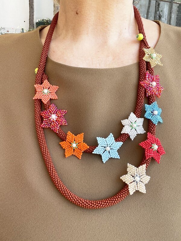 Beaded Crochet Rope and Brich Stitch Flower Necklace, Videos Tutorial