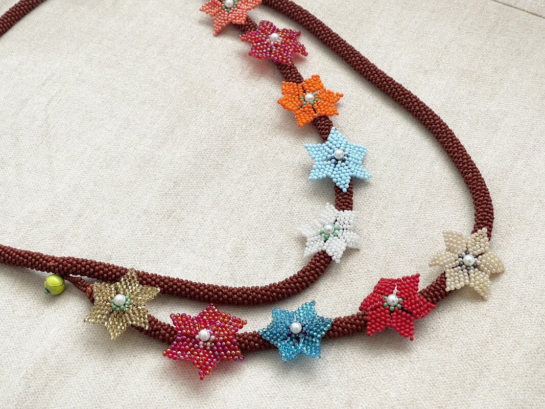 Beaded Crochet Rope and Brich Stitch Flower Necklace, Videos Tutorial