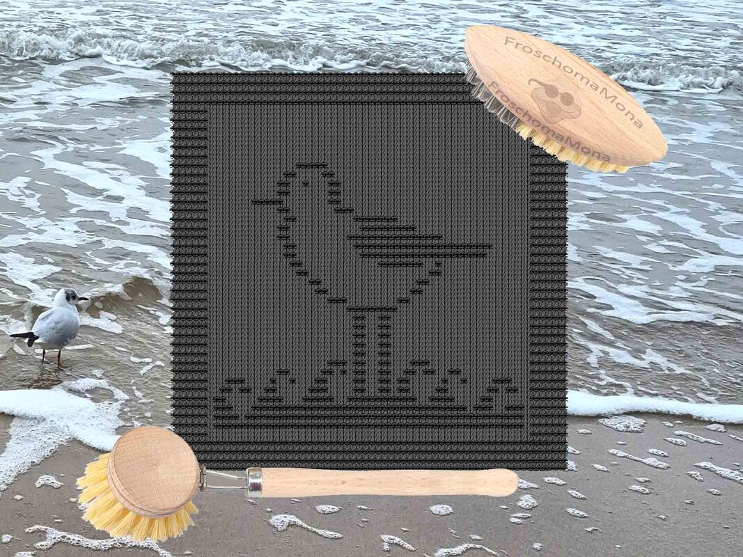 Strickmuster eines quadratischen Deckchens mit vogelähnlicher Pixel-Silhouette und geripptem Rand