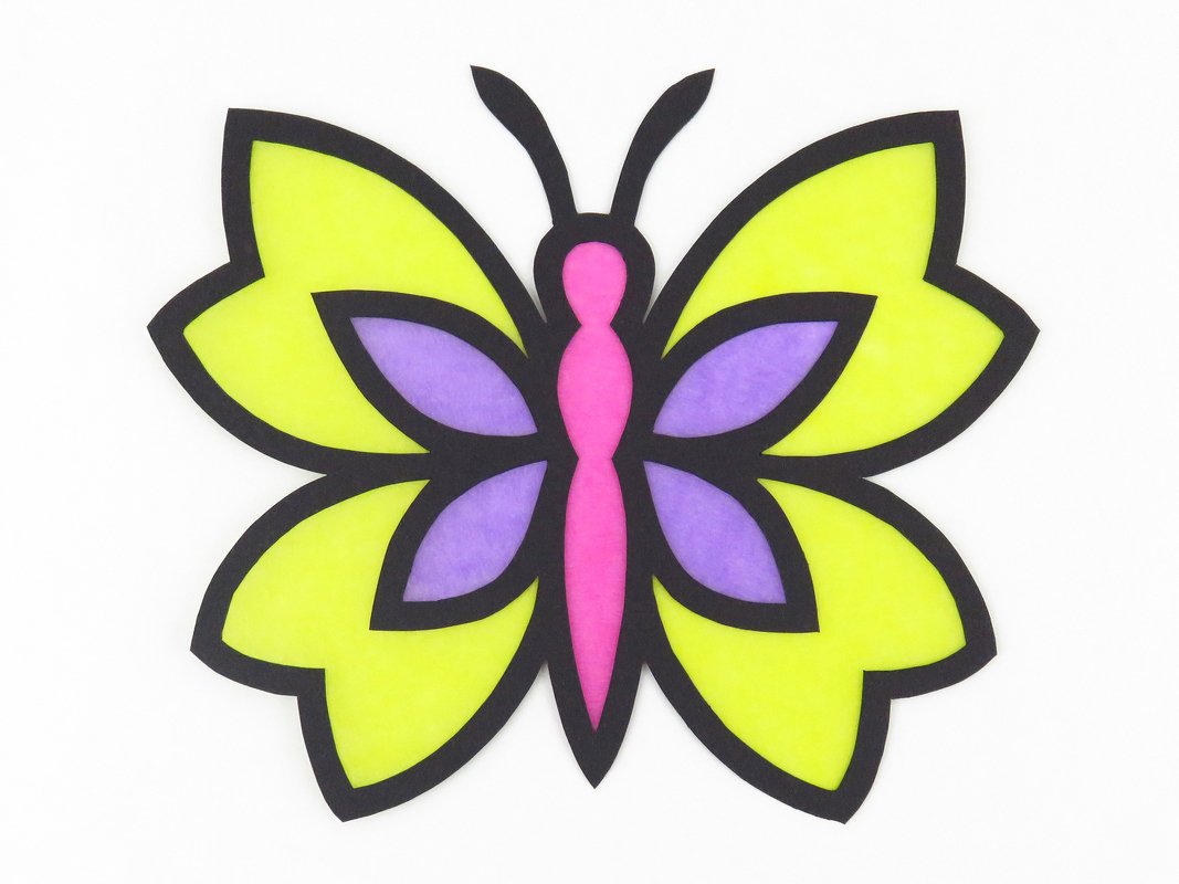 Stilisiertes Schmetterlingsmotiv in Gelb, Lila und Rosa mit schwarzer Kontur