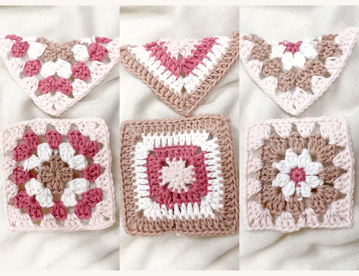 Häkelanleitung Halbes & Ganzes Granny Square 3er Set – Basic, Solid, Daisy