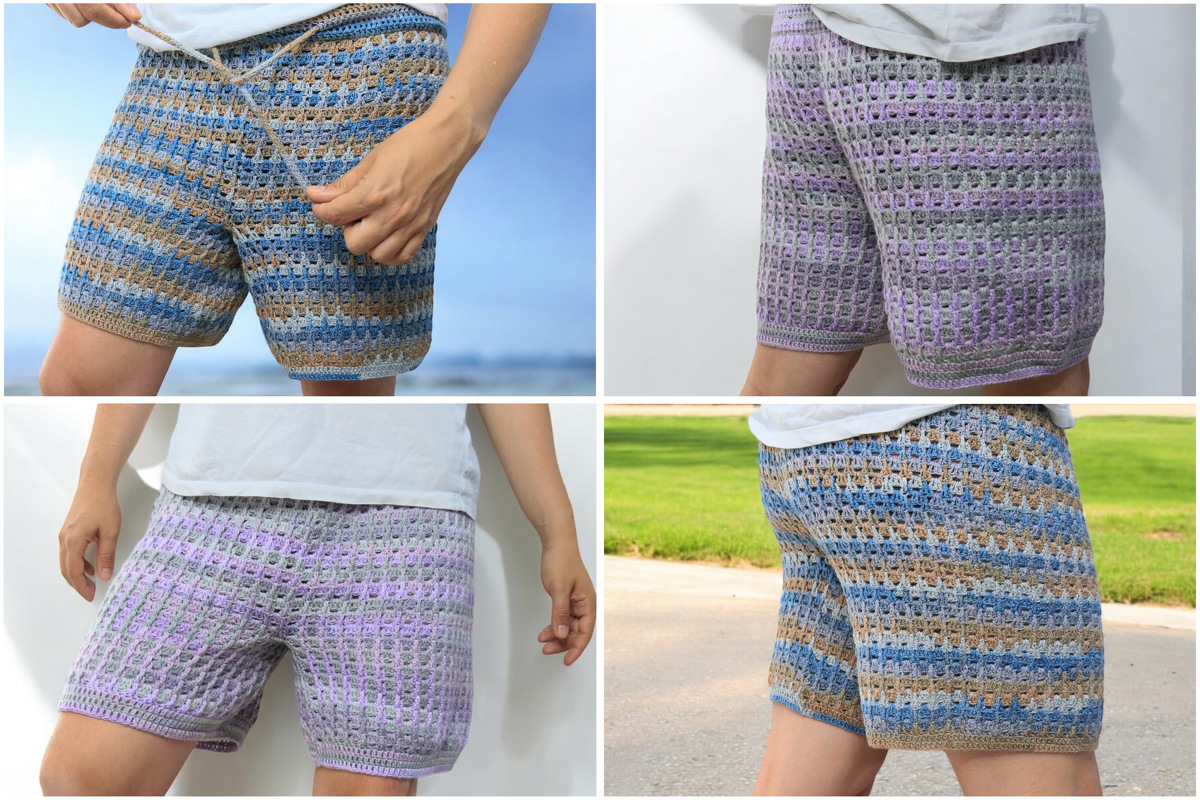 Four-photo collage of crocheted waffle-stitch shorts in blue-beige and lavender-gray stripes, shown from front and side views.