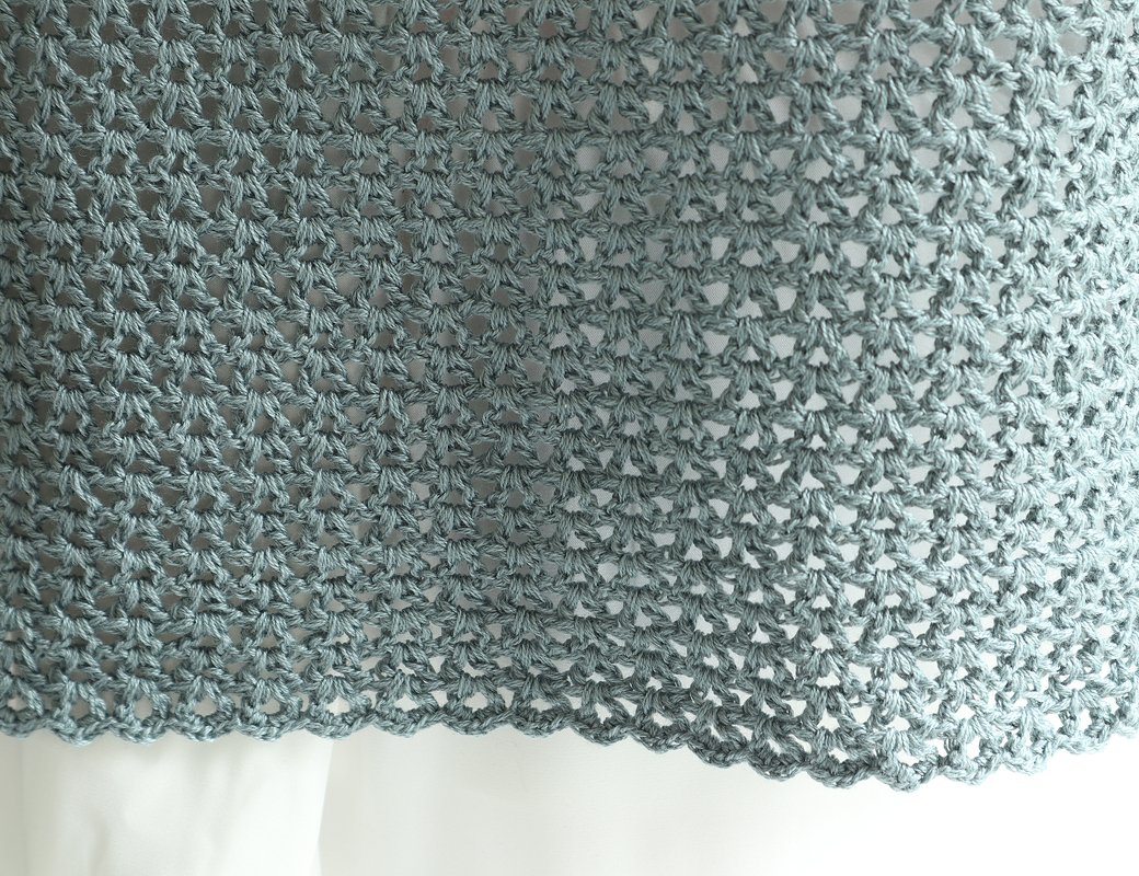 Teal open-lace crochet fabric with scalloped hem