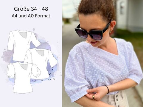 Celine – Blusenshirt mit V-Ausschnitt & 3 Ärmeln | Schnittmuster Gr. 34–48