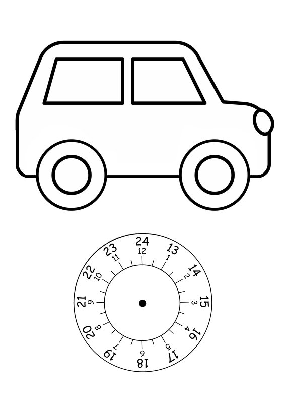 Papiervorlage mit Autosilhouette und 24-Stunden-Drehscheibe mit mittlerem Befestigungspunkt