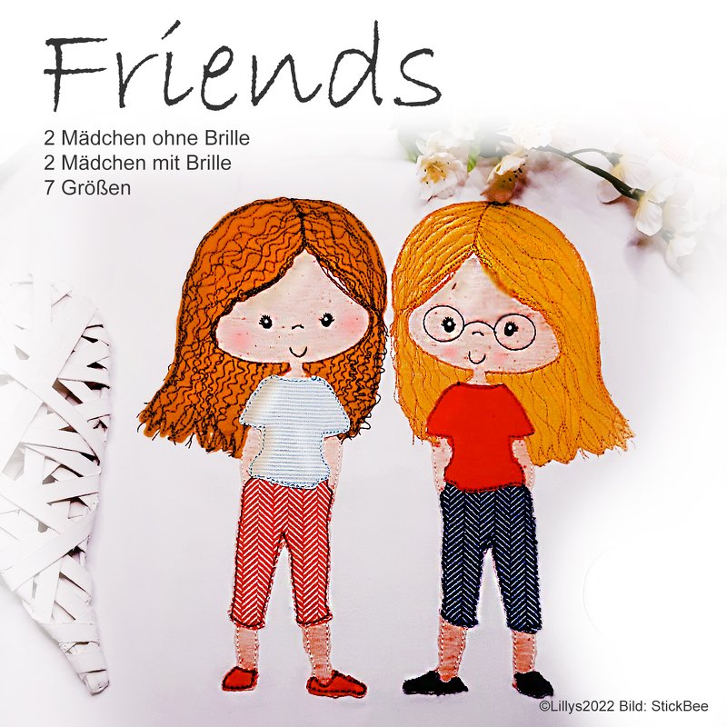Friends for ever, 4 Motive, 7 Größen, Doodle, Applikation, Stickdatei