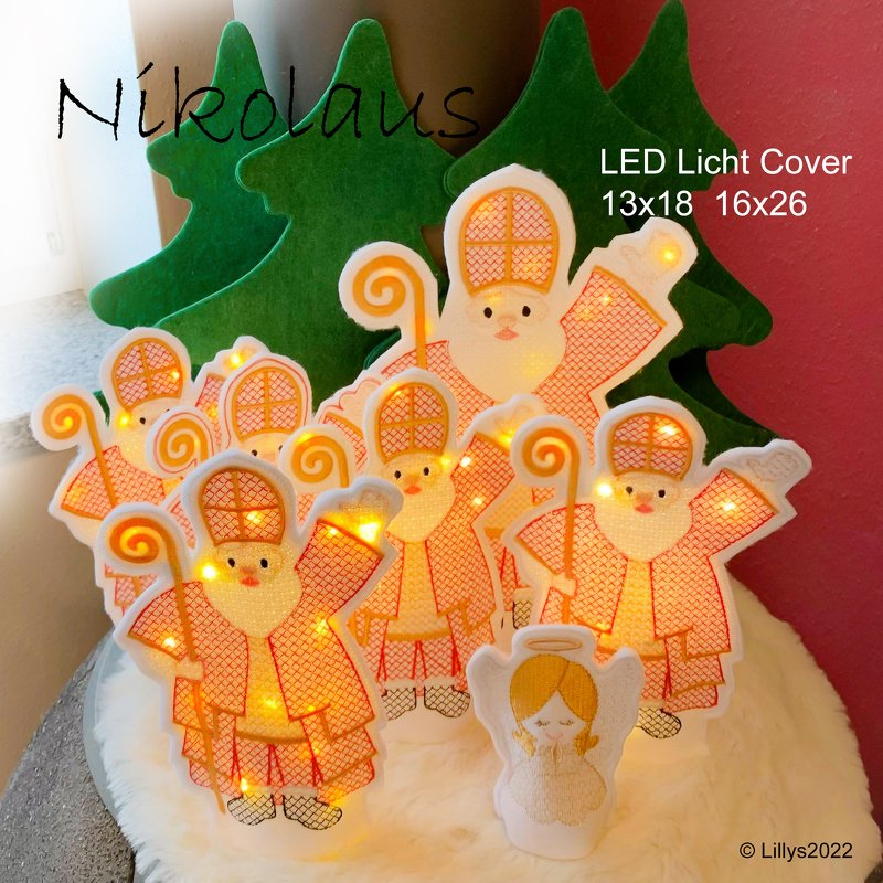 LED Licht Cover Nikolaus Stickdatei für Weihnachten und Advent