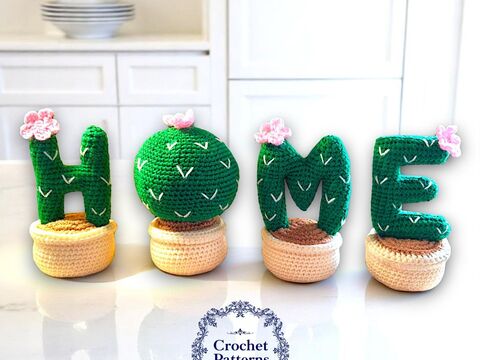 Cacti in pots with the word Home crochet pattern. Crochet shelf decor