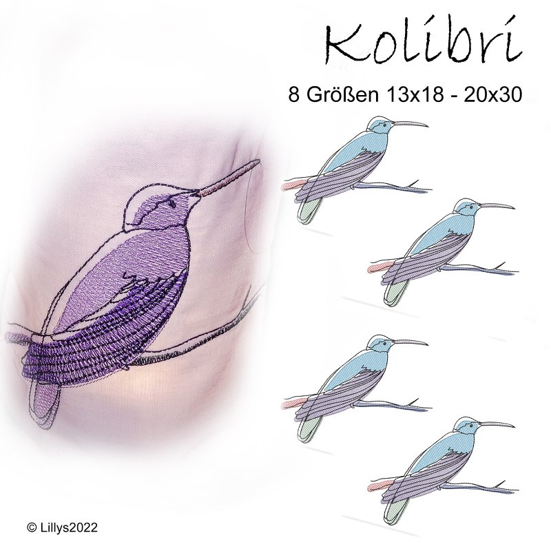 Kolibri 8 Größen 13x18-20x30, Vogel,  Stickdatei, Stickmuster, wie gemalt