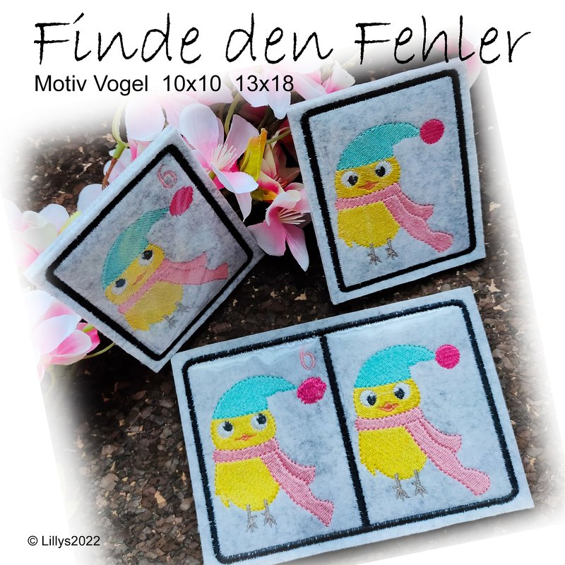 Finde den Fehler, Vogel, 10x10, 13x18, Stickdatei, Stickmuster, ITH, Spiel,
