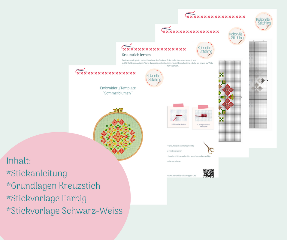 Gedruckte Kreuzstich-Vorlagen, Anleitung und Stickrahmen mit floralem Sommerblumen-Muster