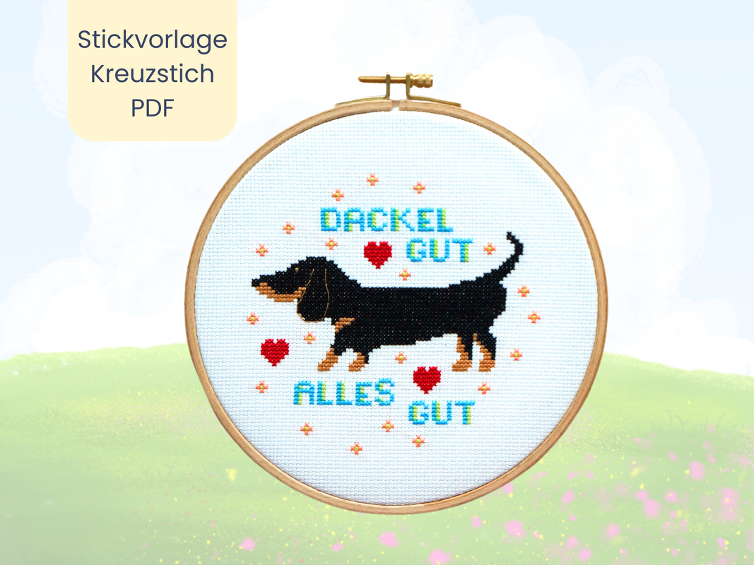 Stickvorlage PDF "Dackel Gut - Alles Gut" Stickvorlage im Kreuzstich
