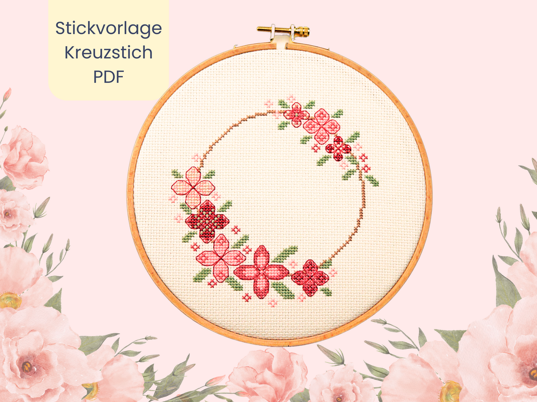 Stickvorlage PDF "Rosa Blumenkranz" Download Vorlage im Kreuzstich