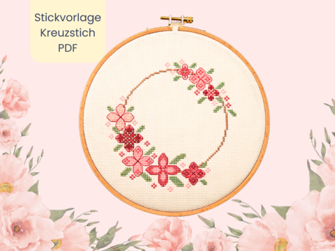Stickvorlage PDF "Rosa Blumenkranz" Download Vorlage im Kreuzstich