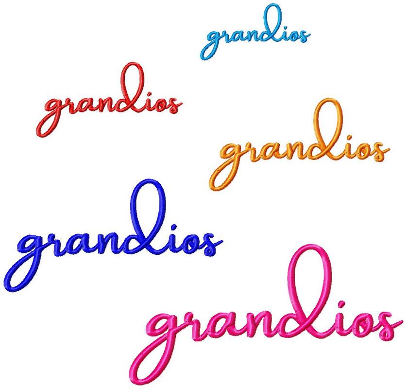 Stickdatei "grandios" - Wort in fünf Größen, Schrift, Statement, Satinstich