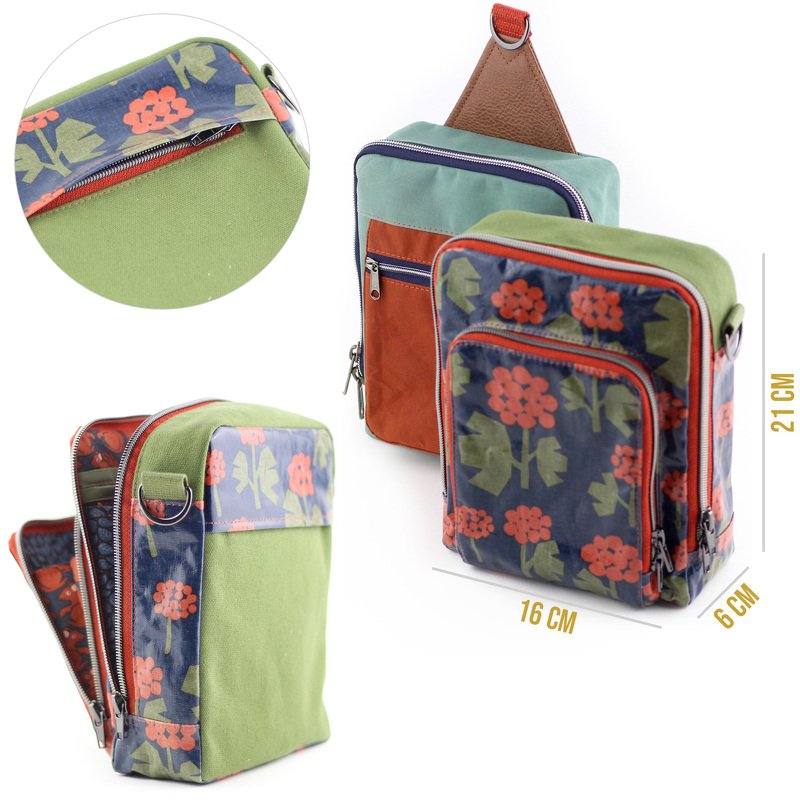 Grüne rechteckige Umhängetasche mit dunkelblauer Fronttasche und roten Blumen; Maße ca. 21×16×6 cm; offen und geschlossen gezeigt; im Hintergrund eine mintgrün-orangefarbene Slingbag.