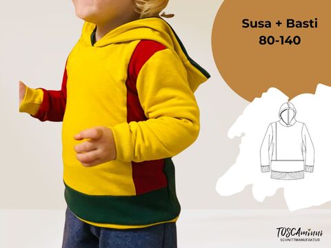 Schnittmuster Kindershirt / Hoodie Susa+Basti Gr. 80-140 - Stoffreste DIY