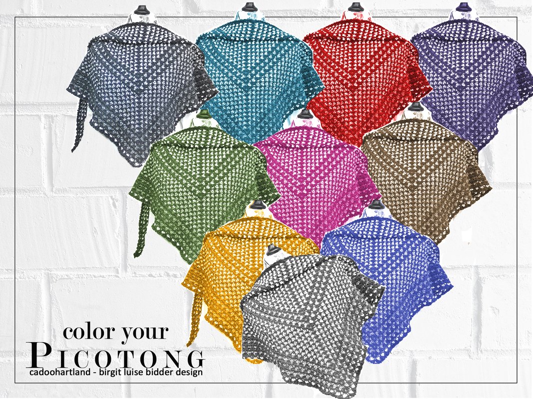 Mehrere farbige gehäkelte Dreieckstücher, übereinander angeordnet als Farbpalette