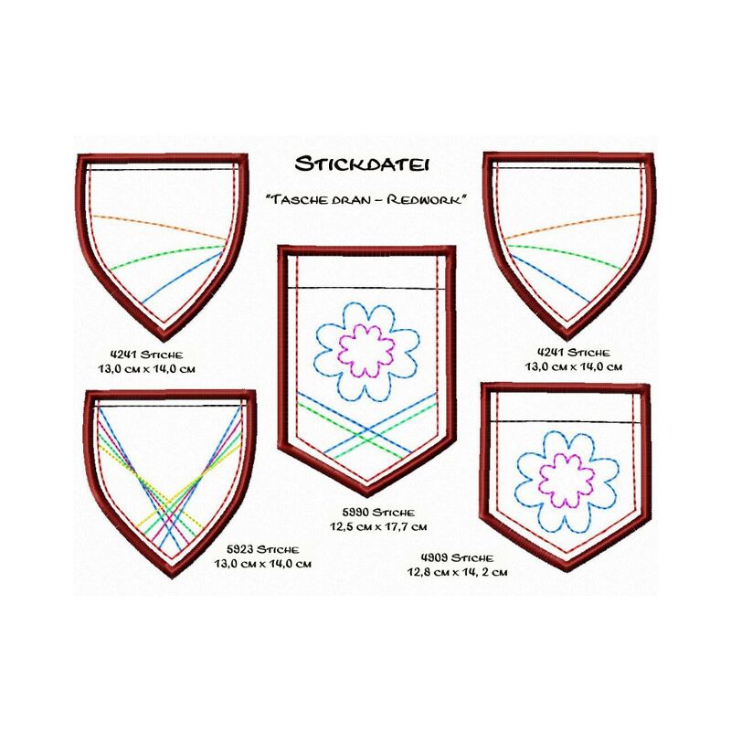 Tasche dran* - Redwork  Stickdatei 13x18 gestickte Hosentasche Applikation