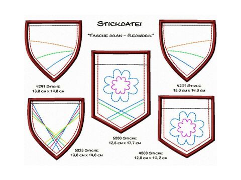 Tasche dran* - Redwork  Stickdatei 13x18 gestickte Hosentasche Applikation