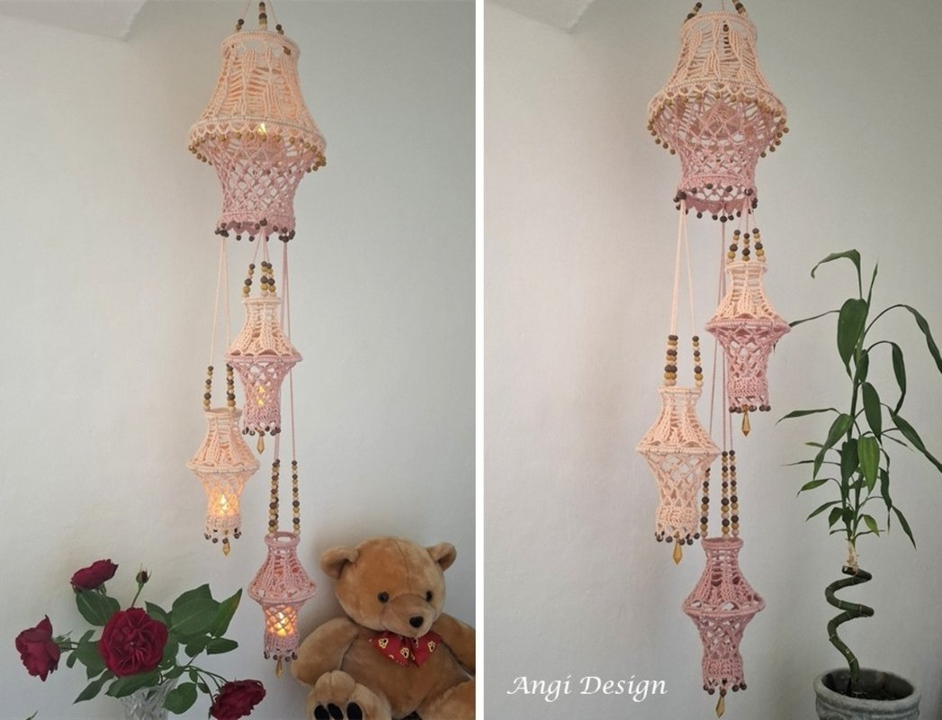 Gehäkelte Boho-Laternen in unterschiedlichen Längen mit Holzperlen