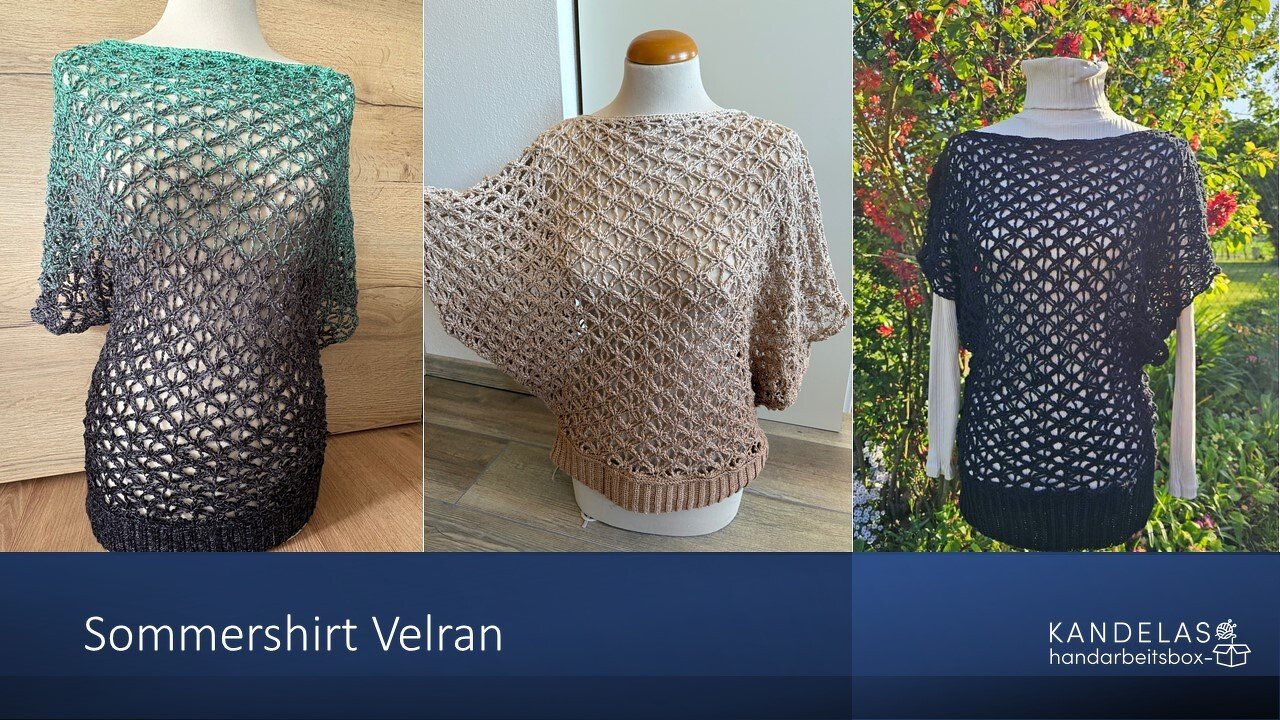 Drei gehäkelte Sommershirts in Türkis‑Schwarz, Beige und Schwarz mit Lochmuster und kurzen, weiten Ärmeln auf Büsten.