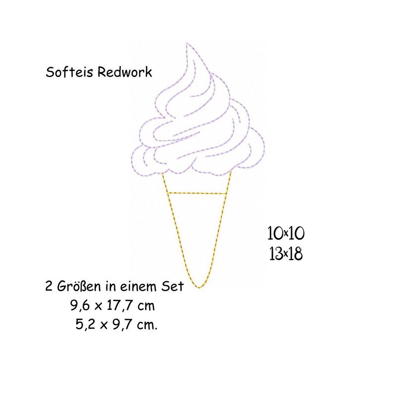 Stickdatei Softeis Redwork 10x10 13x18 Applikation Sommer sticken Sommerzei