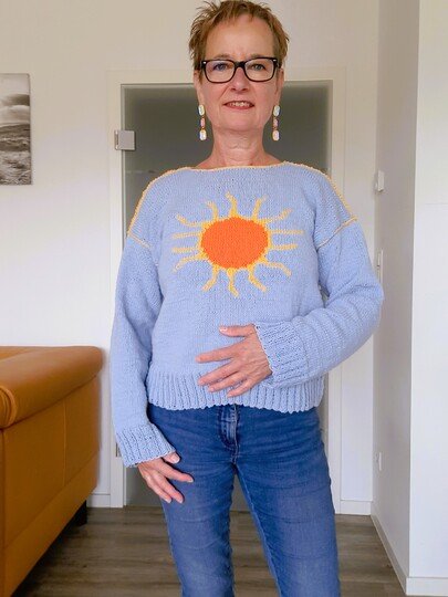 Pullover mit Sonnenmotiv göße 36 bis 42 , Strickanleitung