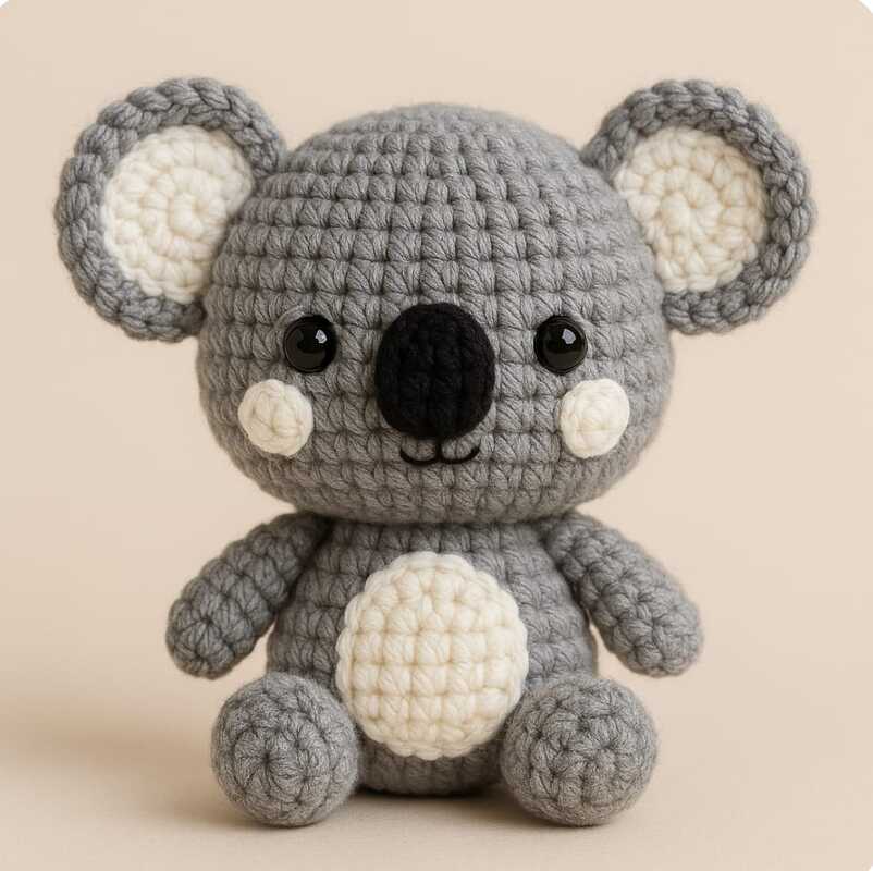 Gehäkeltes graues Koala-Spielzeug mit cremefarbenem Bauch und schwarzen Augen