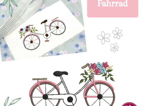 Stickdatei Fahrrad mit Blumen verschiedene Größen