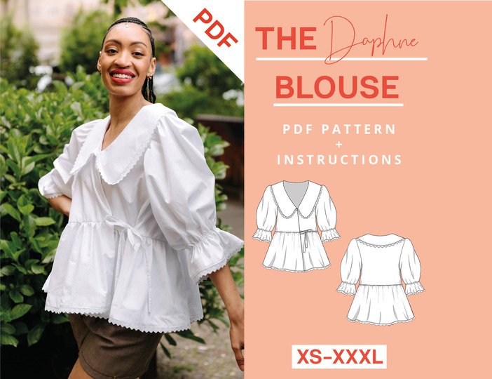Wrap Blouse Sewing Pattern Ladies XS-XXXL with Peter Pan collar and Puff