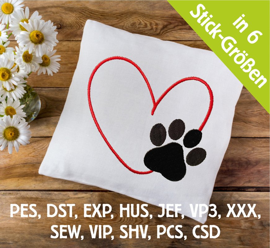 Stickdatei Herz mit Hunde Pfote in 6 Größen, Maschinenstickdatei
