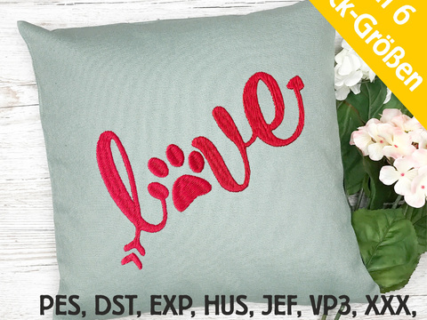 Stickdatei LOVE mit Hundepfote in 6 Größen, Maschinenstickdatei