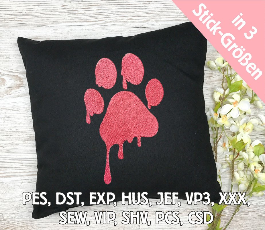 Stickdatei Hundepfote schmelzend in 6 Größen, Maschinenstickdatei