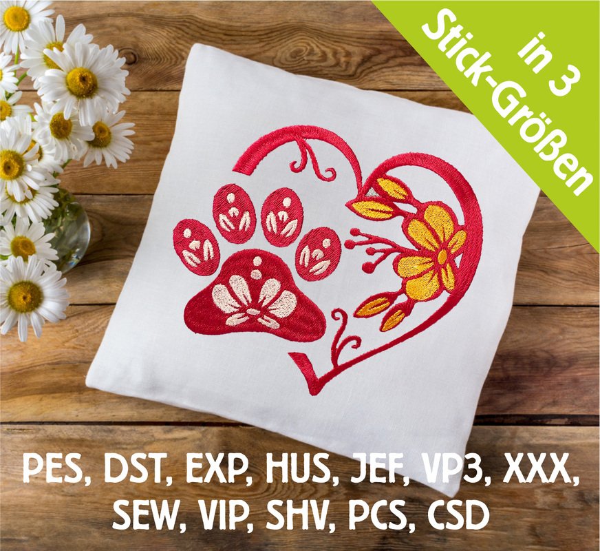 Stickdatei Herz mit Hundepfote floral in 6 Größen, Maschinenstickdatei