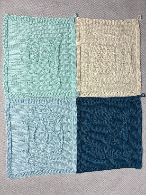 Economy Set Washcloth Owl Family -Knitting Instructions