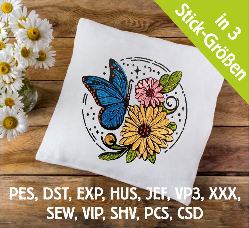 Stickdatei Blumen Schmetterling im Ring in 6 Größen, Maschinenstickdatei