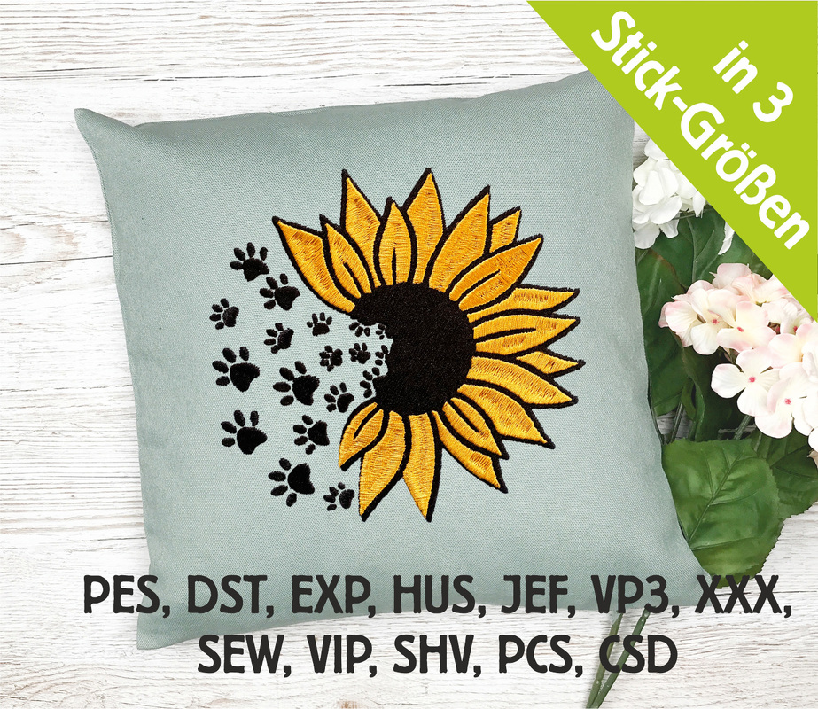 Stickdatei Sonnenblume mit Hundepfoten in 6 Größen, Maschinenstickdatei