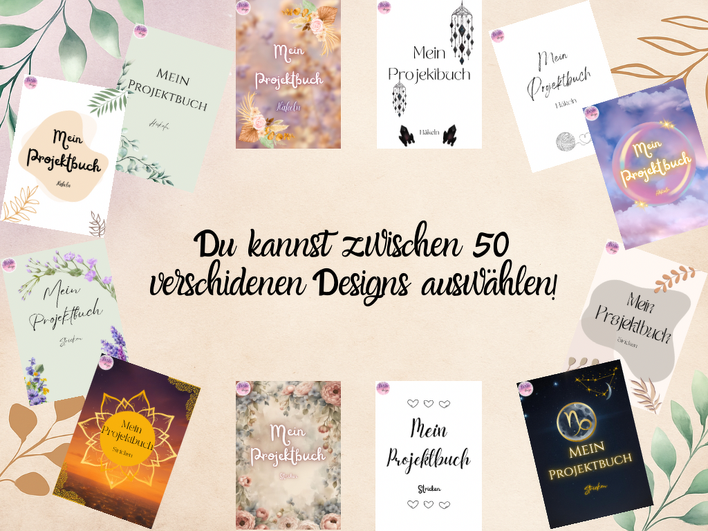 Collage aus verschiedenen „Mein Projektbuch“-Covers mit dem Schriftzug „Du kannst zwischen 50 verschiedenen Designs auswählen!“