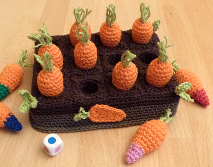 Häkelanleitung "Karottenmemo" Merkspiel Würfelspiel für Kinder