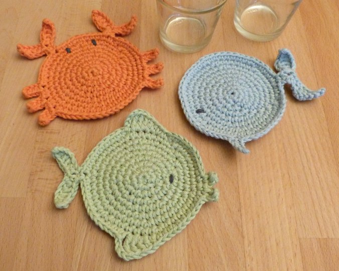 Häkelanleitung Glasuntersetzer "Meer" 3 Modelle Wal, Krabbe, Fisch
