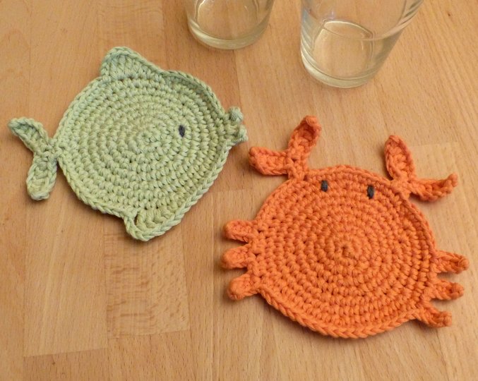 Häkelanleitung Glasuntersetzer "Meer" 3 Modelle Wal, Krabbe, Fisch