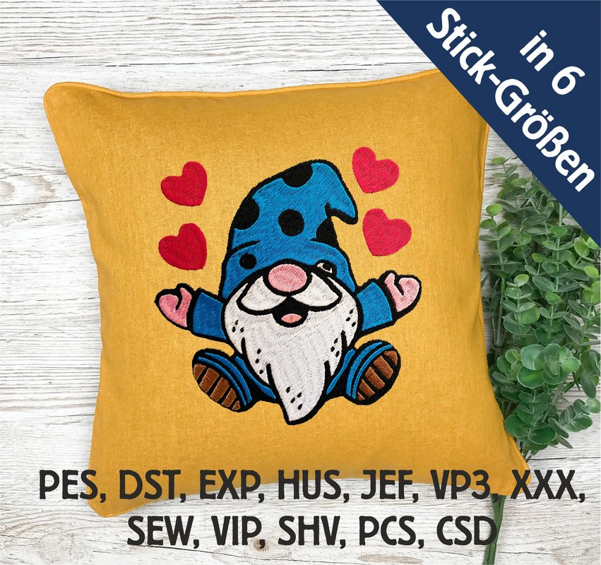 Stickdatei Gnom mit Herzen in 6 Größen, Maschinenstickdatei