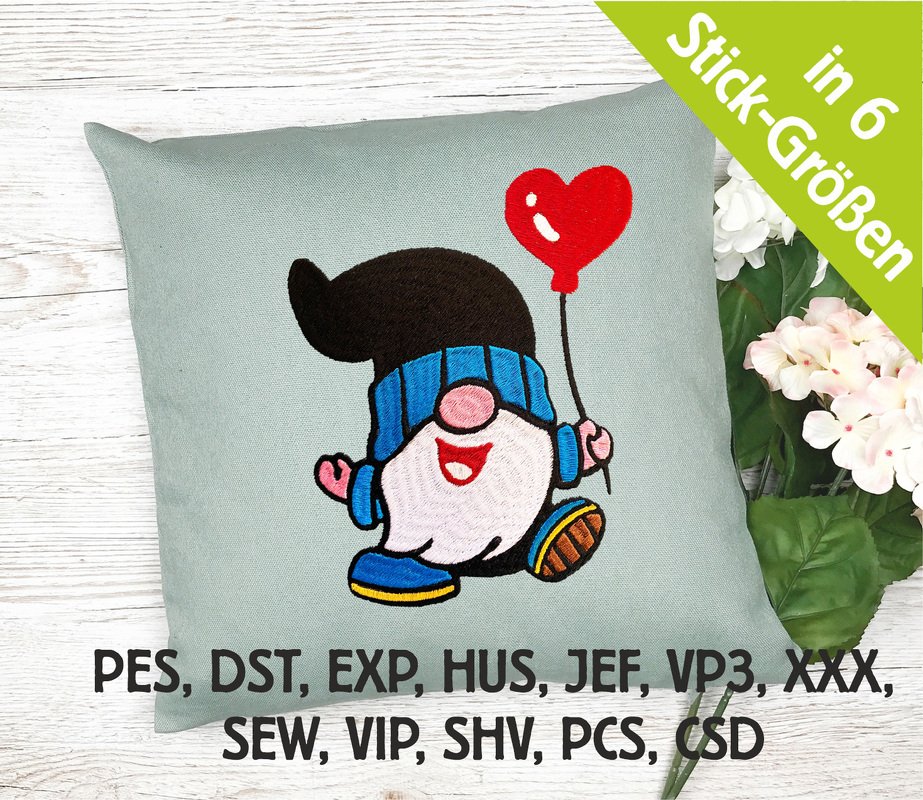 Stickdatei Gnom mit Herzballon in 6 Größen, Maschinenstickdatei