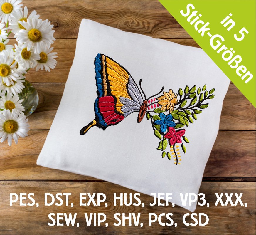 Stickdatei Schmetterling Blume in 6 Größen, Maschinenstickdatei